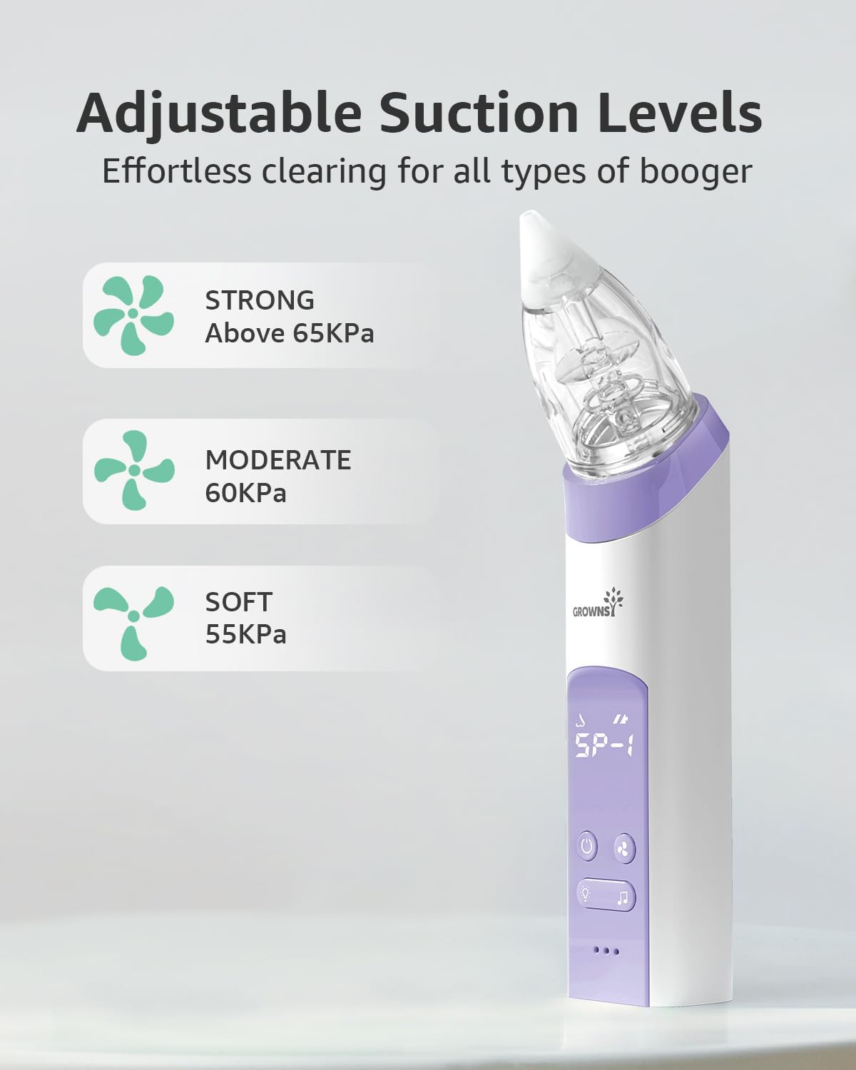 GROWNSY Nasal Aspirator for Baby, Electric Nose Aspirator for Toddler, Baby Nose Sucker, Automatic Nose Cleaner with 3 Silicone Tips, Adjustable Suction Level, Music and Light Soothing Function