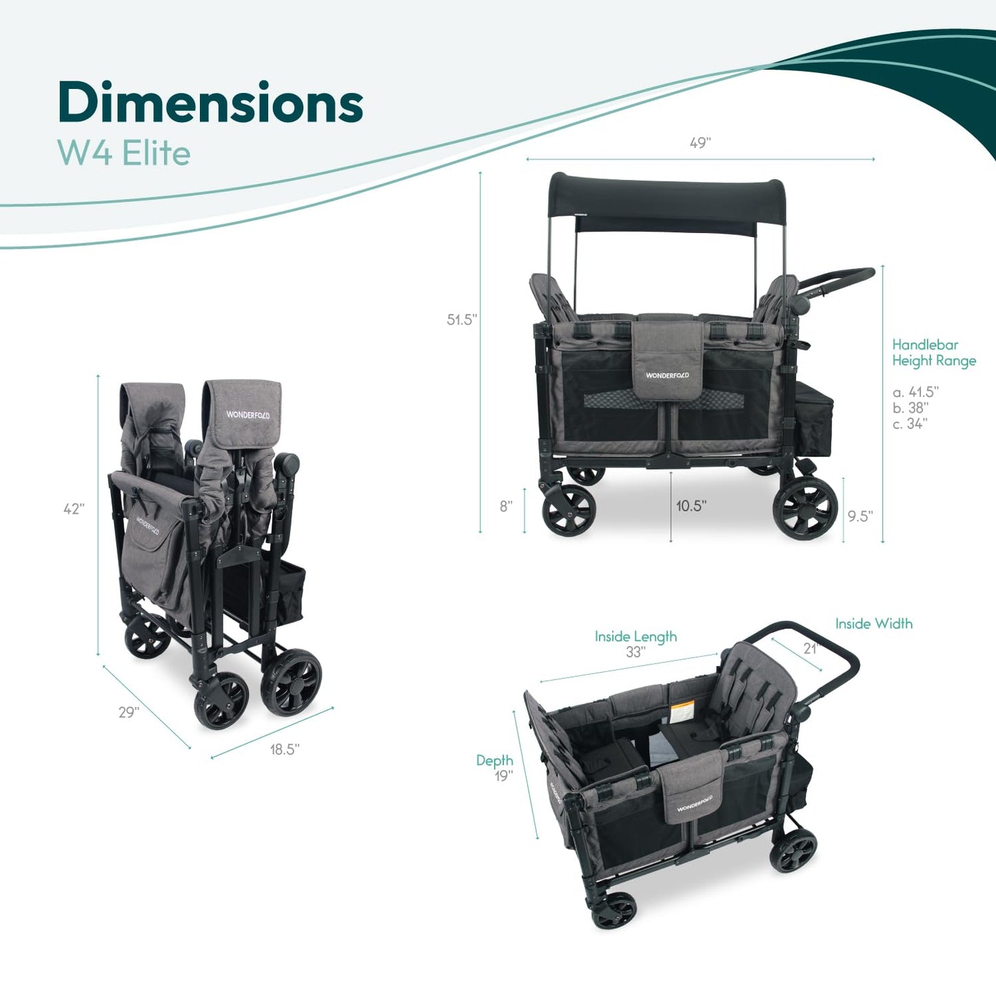 WONDERFOLD W4 Original Stroller Wagon (4 Seater) - Collapsible Wagon Stroller with Seats with 5-Point Harnesses, Easy Access Zipper Door, and Removable Sun Canopy, Black