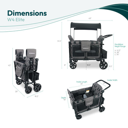 WONDERFOLD W4 Original Stroller Wagon (4 Seater) - Collapsible Wagon Stroller with Seats with 5-Point Harnesses, Easy Access Zipper Door, and Removable Sun Canopy, Black