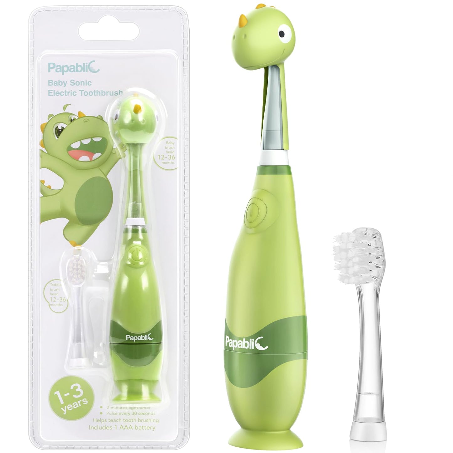 Papablic Toddler Sonic Electric Kids Toothbrush for Ages 1-3 Years, Baby Electric Toothbrush with Cute Penguin Cover and Smart LED Timer, 2 Brush Heads (Pippin)