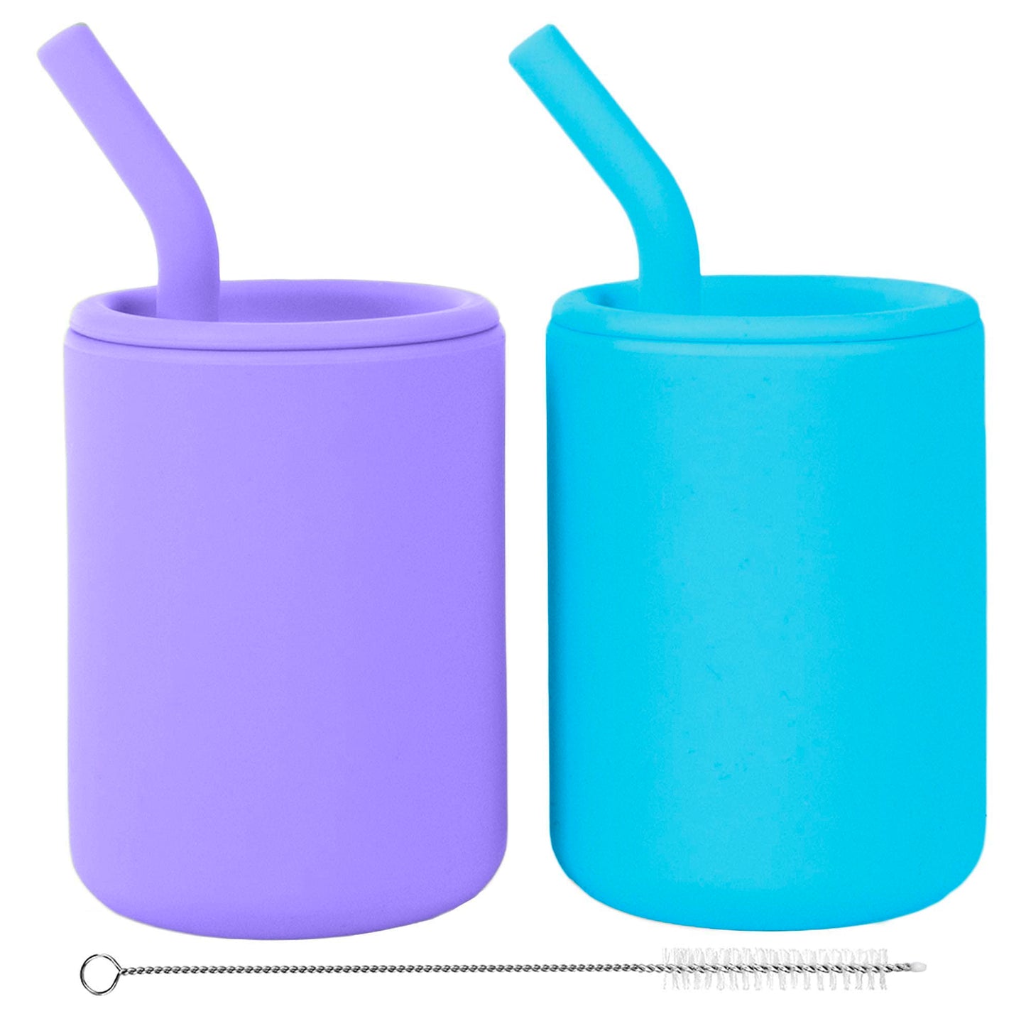 WeeSprout Silicone Baby Cups With Straws and Lids, 4 & 8 oz Options, Set of 2, Food Grade Toddler Training Container, Built In Straw Stoppers, Measurement Markings, Dishwasher Safe + Straw Cleaner