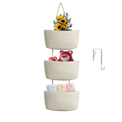 TeoKJ Over the Door Hanging Basket, 3-Tier Woven Cotton Wall-Mounted Storage Organizer Bag Decorative Hanging Nursery Baskets - Jute
