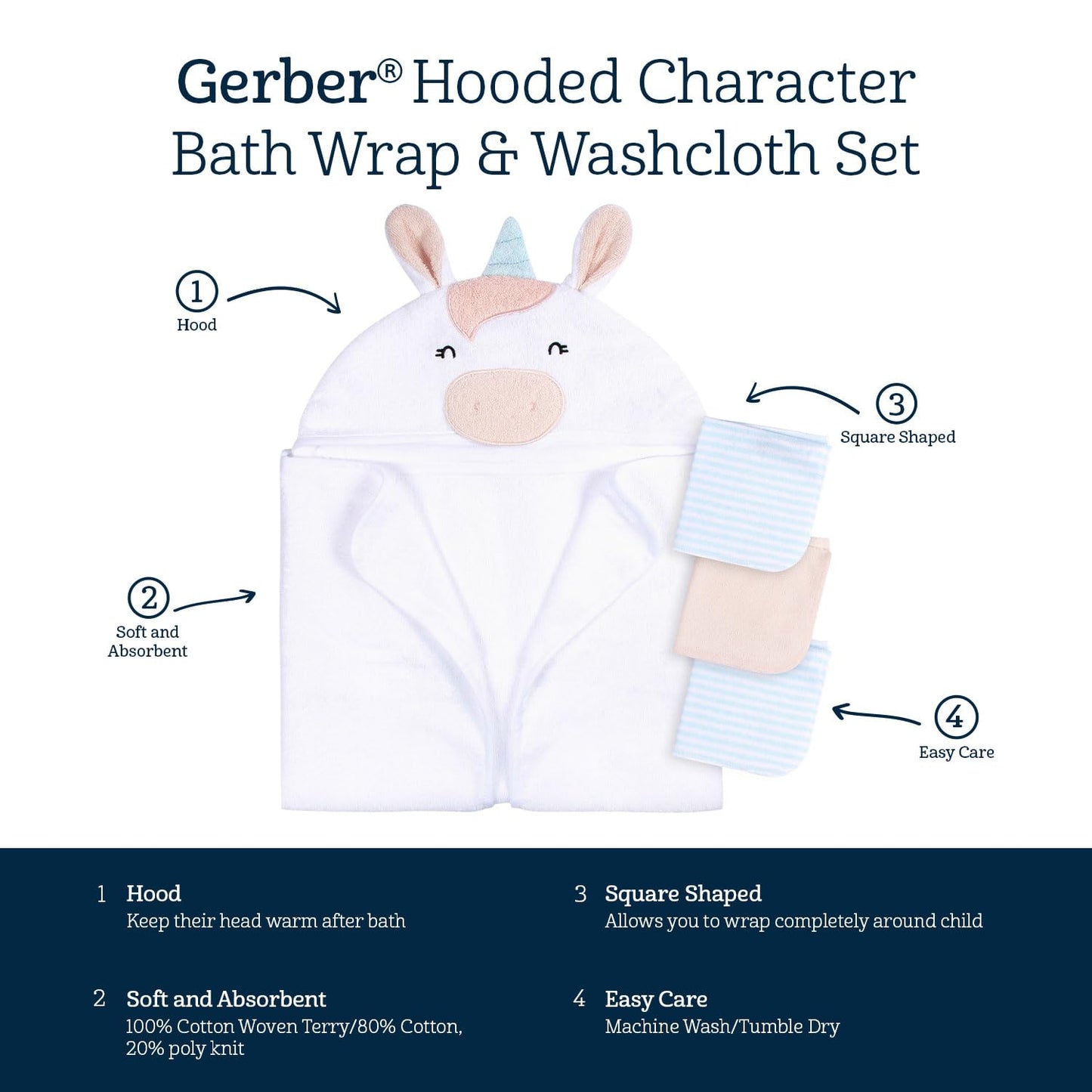 Gerber Baby 4 Piece Animal Character Hooded Towel and Washcloth Set, Brown Lion, One Size