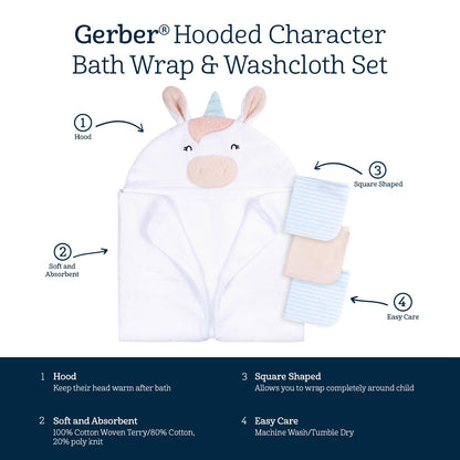 Gerber Baby 4 Piece Animal Character Hooded Towel and Washcloth Set, Brown Lion, One Size