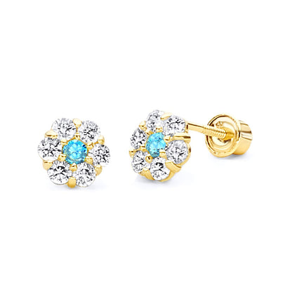 14k Yellow Gold Flower Stud Earrings with Screw Back - 12 Different Color Available
