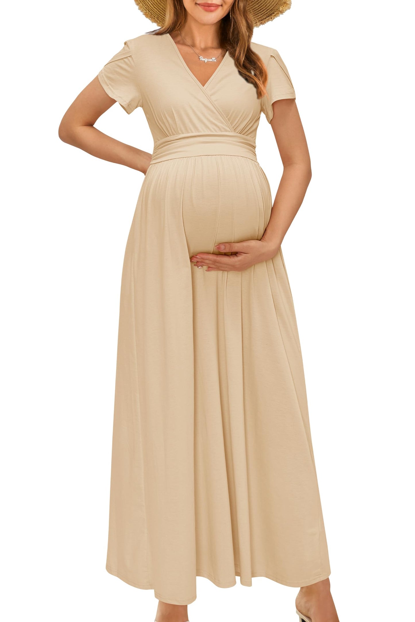 OUGES Maternity Maxi Dress Wrap V Neck Baby Shower Pregnancy Dresses for Photoshoot