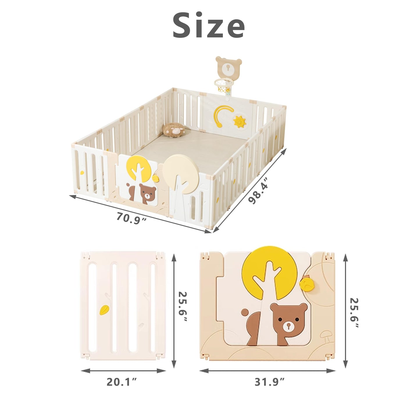 Indoor Baby Playpen with Adjustable Game Panel, Drawing Board, Basketball Hoop, and Safety Door Shape, Portable and Stable Indoor Children's Playground（70.9”*47.2“）
