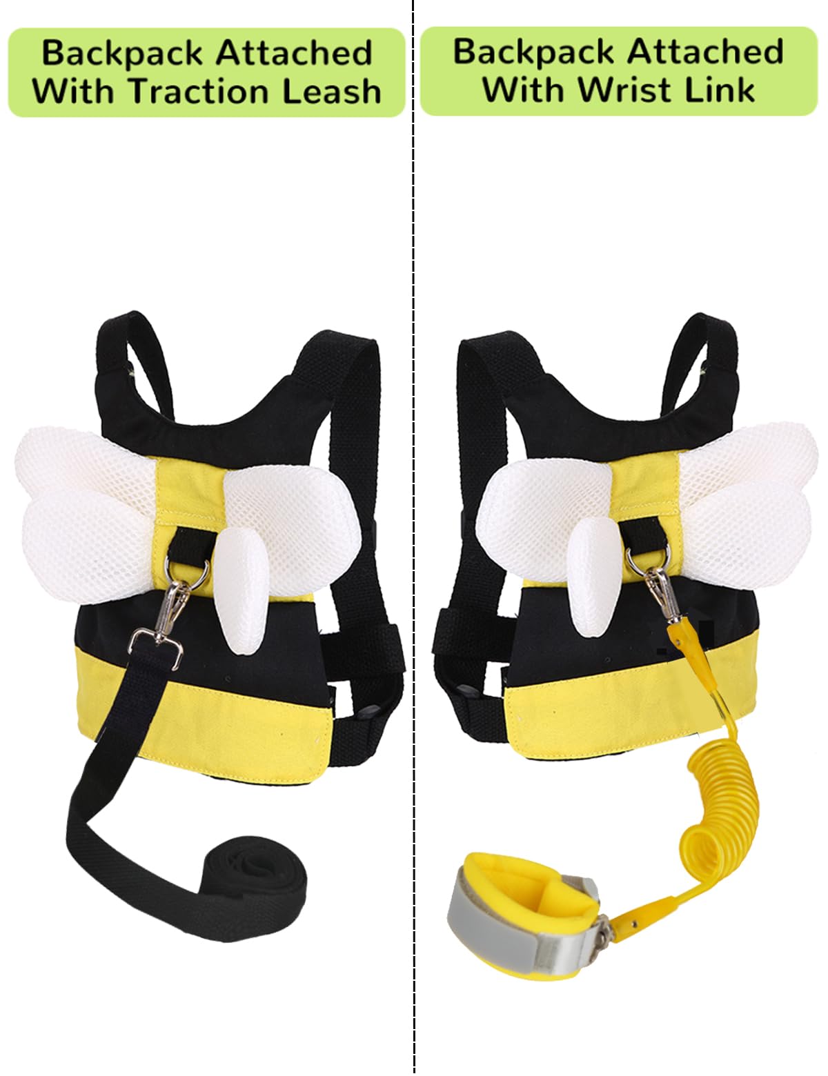 Toddler Harness with Anti Lost Wrist Link - 3-in-1 Baby Safety Leash Backpack, Adjustable Kids Walking Belt with Pocket,Child Locking Wristband for Boys & Girls for Outdoor Travel, Yellow Bee
