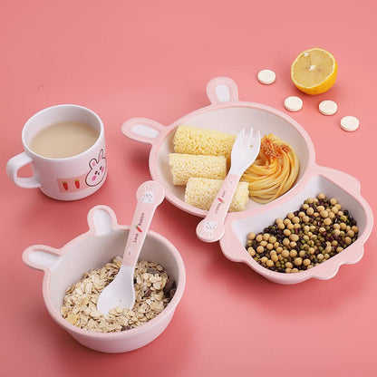 Bamboo Kids Dinnerware Set 5 Pcs Includes Plate Bowl Cup Fork Spoon Perfect for Kids BPA-Free (Little Dinosaur)