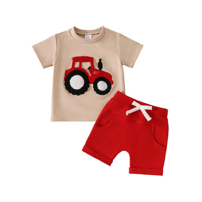 Toddler Baby Boy Summer Clothes Embroidered Farm Tractor Shirt and Short Set 2-Piece Outfits for Boys