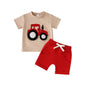 Toddler Baby Boy Summer Clothes Embroidered Farm Tractor Shirt and Short Set 2-Piece Outfits for Boys