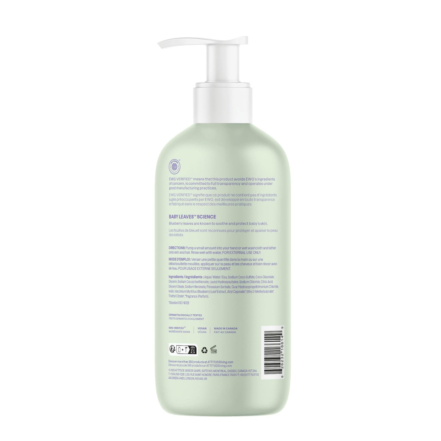 ATTITUDE 2-in-1 Shampoo and Body Wash for Baby, Fragrance-Free EWG Hypoallergenic Plant- and Mineral-Based Ingredients, Vegan and Cruelty-Free, Unscented, 16 Fl Oz