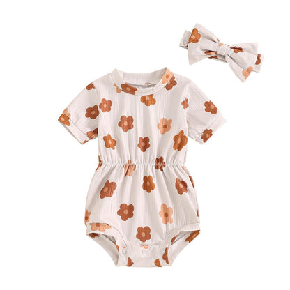 Baby Girl Summer Clothes Ribbed Short Sleeve Romper Solid Color Bodysuits Bow Headband Outfit Newborn Girl Jumpsuit