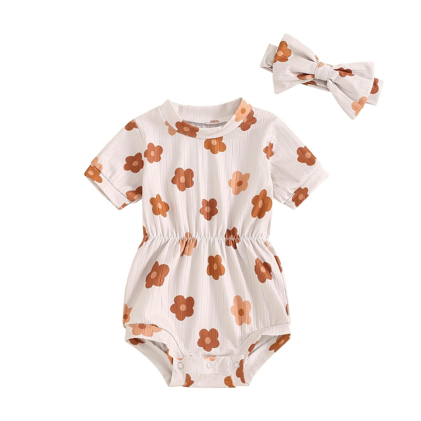 Baby Girl Summer Clothes Ribbed Short Sleeve Romper Solid Color Bodysuits Bow Headband Outfit Newborn Girl Jumpsuit