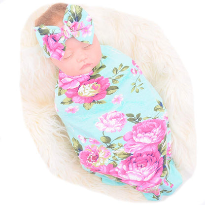 Galabloomer Newborn Receiving Blanket Headband Set Baby Flower Swaddle (vintage flower)