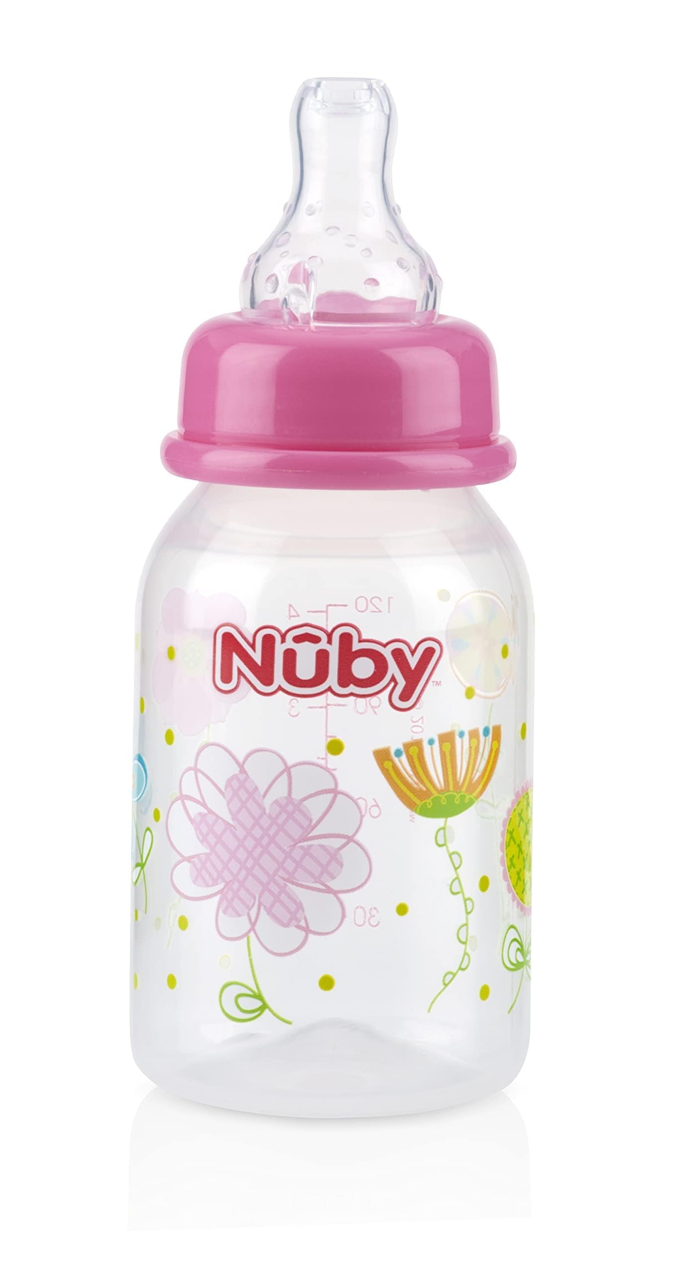 Nuby Printed Non-Drip Bottle, 4 Ounce, 1 Pack of 1 Bottle, Colors May Vary
