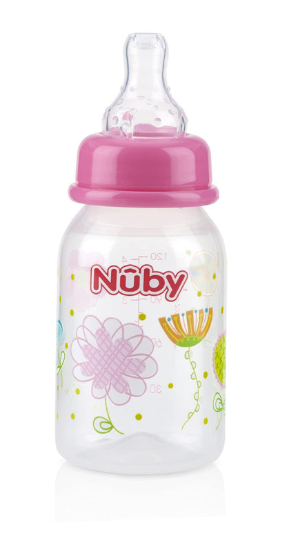 Nuby Printed Non-Drip Bottle, 4 Ounce, 1 Pack of 1 Bottle, Colors May Vary