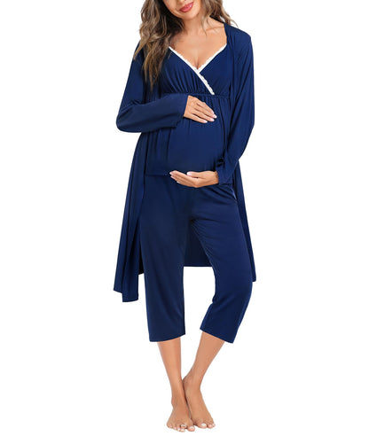 SWOMOG Maternity Nursing Robe Set 3 Piece Breastfeeding Pajamas 3 in 1 Labor Delivery Sleevless Tops&Long Pants Pregnancy Pjs