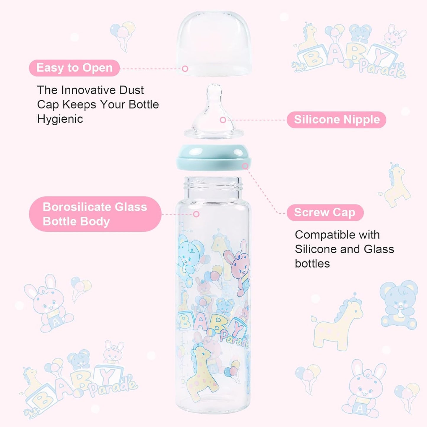 LittleForBig Adult Glass Feeding Bottle Ultra Printed Specialty Oversized Baby Parade Pattern