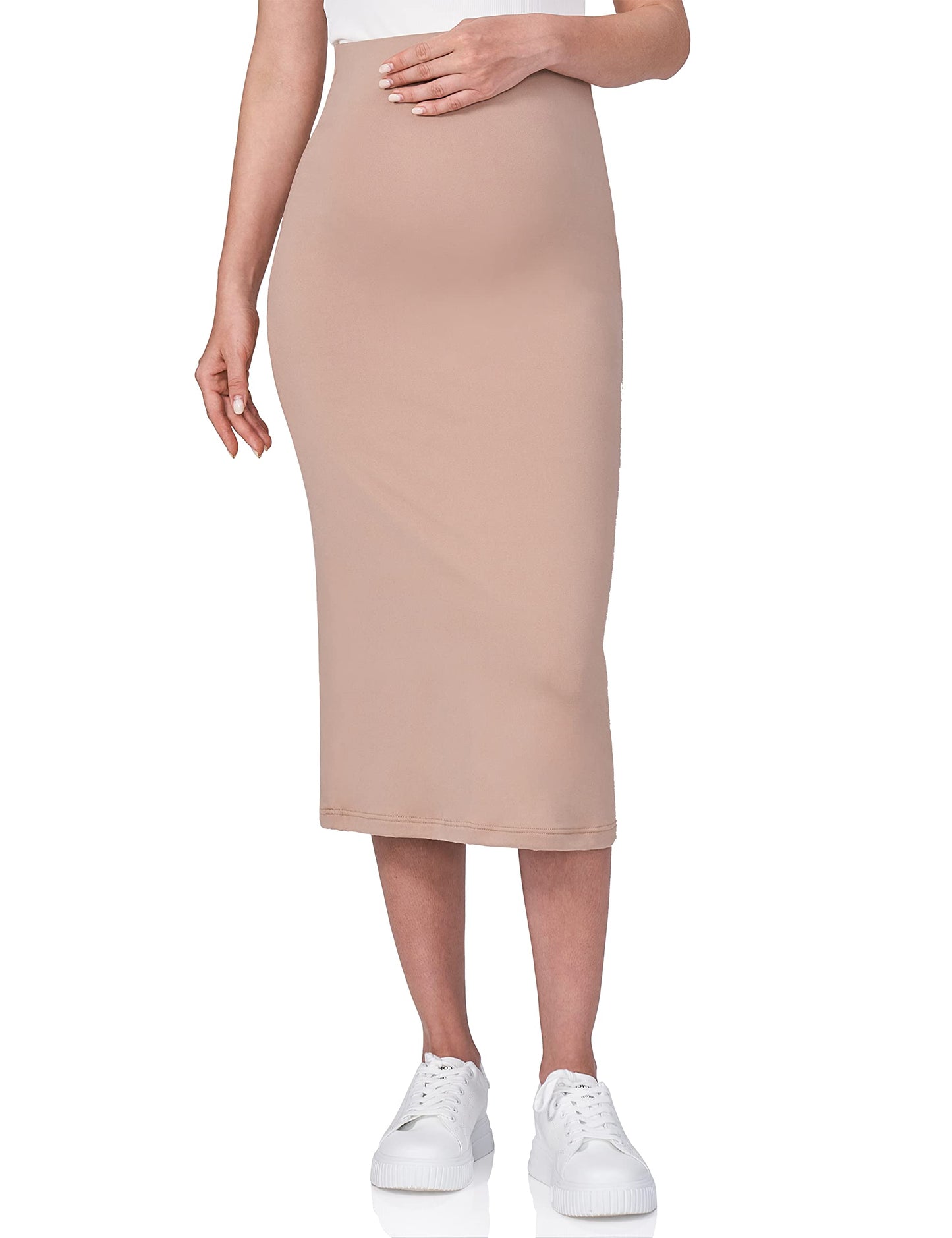 POSHDIVAH Women's Maternity Skirt Over The Belly Midi High Waisted Solid Stretchy Pregnancy Pencil Skirt