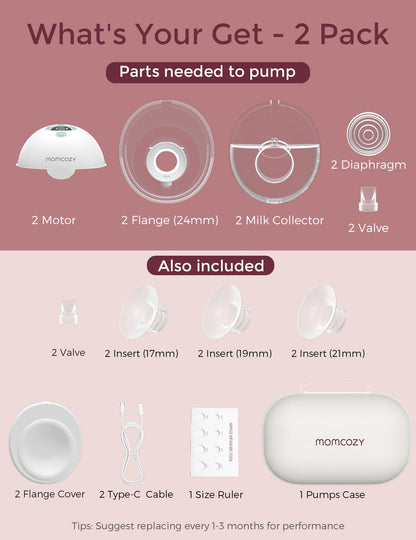 Momcozy M5 Hands-Free Wearable Breast Pump, Double-Sealed Flange for Baby-Like Comfort, 3 Modes & 9 Suction Levels, Portable Electric Pump – 24mm, 2-Pack Quill Gray