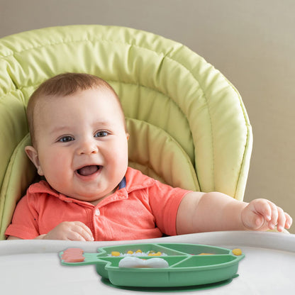 Silicone Suction Plates for Baby Toddler with Spoon Fork set Divided Dinosaurs Plates Self Feeding Training Baby Dinner Plate-Green Dinosaurs Plate Set