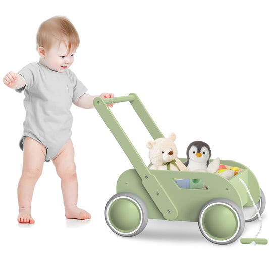 Wooden Baby Walker, Push and Pull Learning Walk Toys for Infants to Toddler, Walker with Wheels for Boys Girls, Gift for Birthday Christmas, Pink