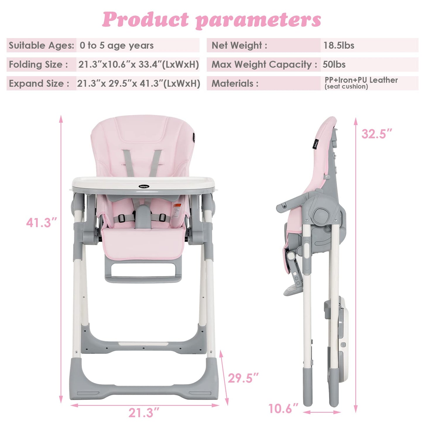 INFANS High Chair for Babies & Toddlers, Foldable Highchair with Multiple Adjustable Backrest, Footrest and Seat Height, Removable Tray, Detachable PU Leather Cushion, Built-in Rear Wheels (Black)