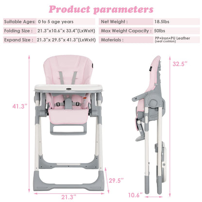 INFANS High Chair for Babies & Toddlers, Foldable Highchair with Multiple Adjustable Backrest, Footrest and Seat Height, Removable Tray, Detachable PU Leather Cushion, Built-in Rear Wheels (Black)