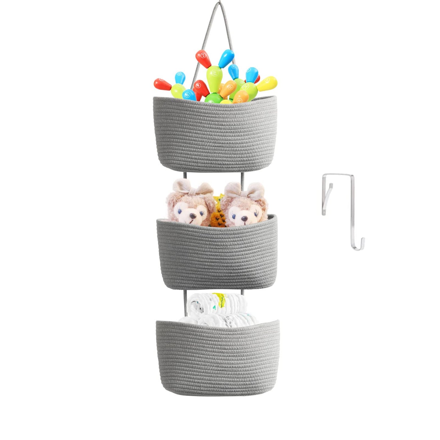 TeoKJ Over the Door Hanging Basket, 3-Tier Woven Cotton Wall-Mounted Storage Organizer Bag Decorative Hanging Nursery Baskets - Jute