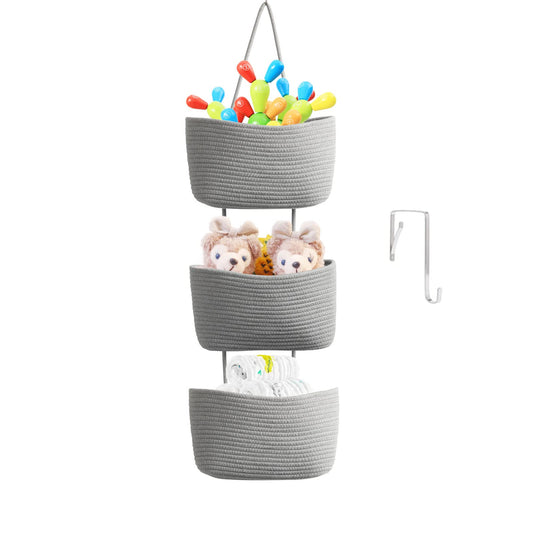 TeoKJ Over the Door Hanging Basket, 3-Tier Woven Cotton Wall-Mounted Storage Organizer Bag Decorative Hanging Nursery Baskets - Jute