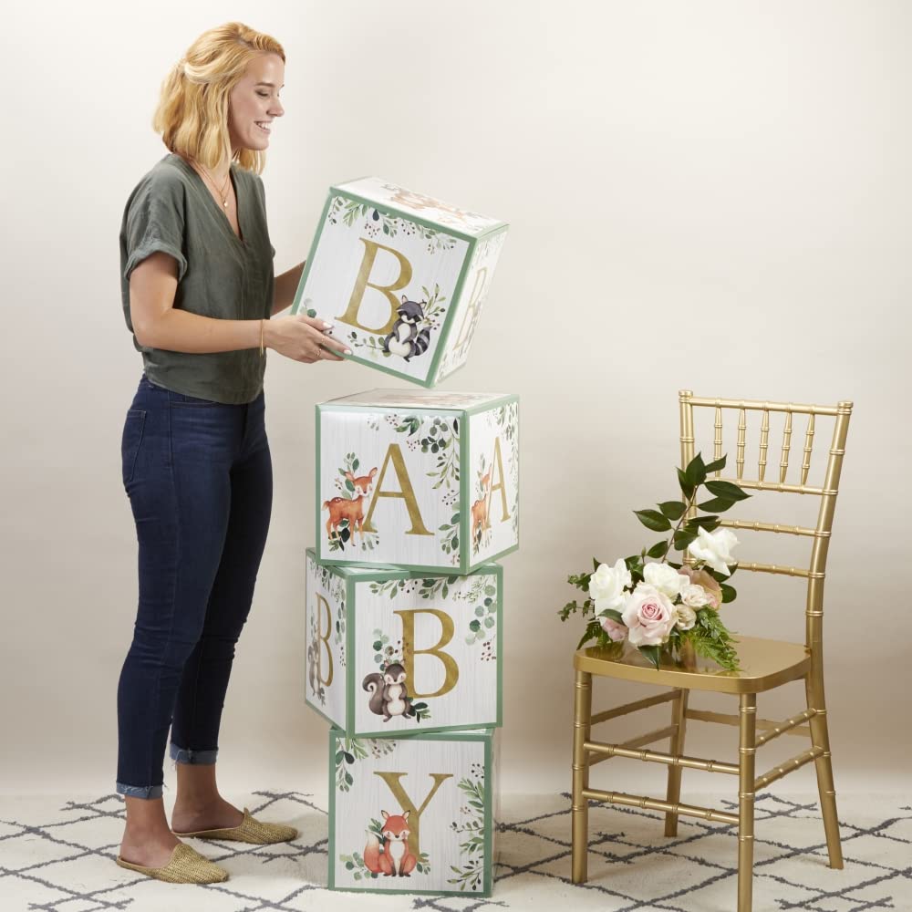 Kate Aspen Woodland Baby Shower Boxes with Letters for Baby Shower Gender Reveal Decorations Photo Prop & Forest Animal Nursery Decor (Set of 4 Blocks Spells Baby)