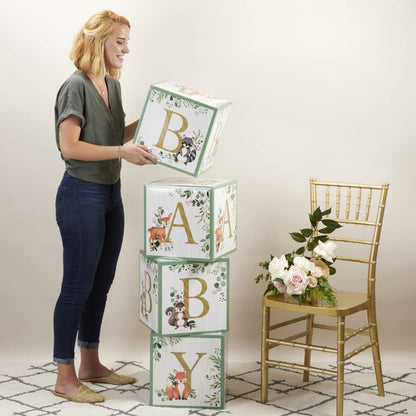 Kate Aspen Woodland Baby Shower Boxes with Letters for Baby Shower Gender Reveal Decorations Photo Prop & Forest Animal Nursery Decor (Set of 4 Blocks Spells Baby)