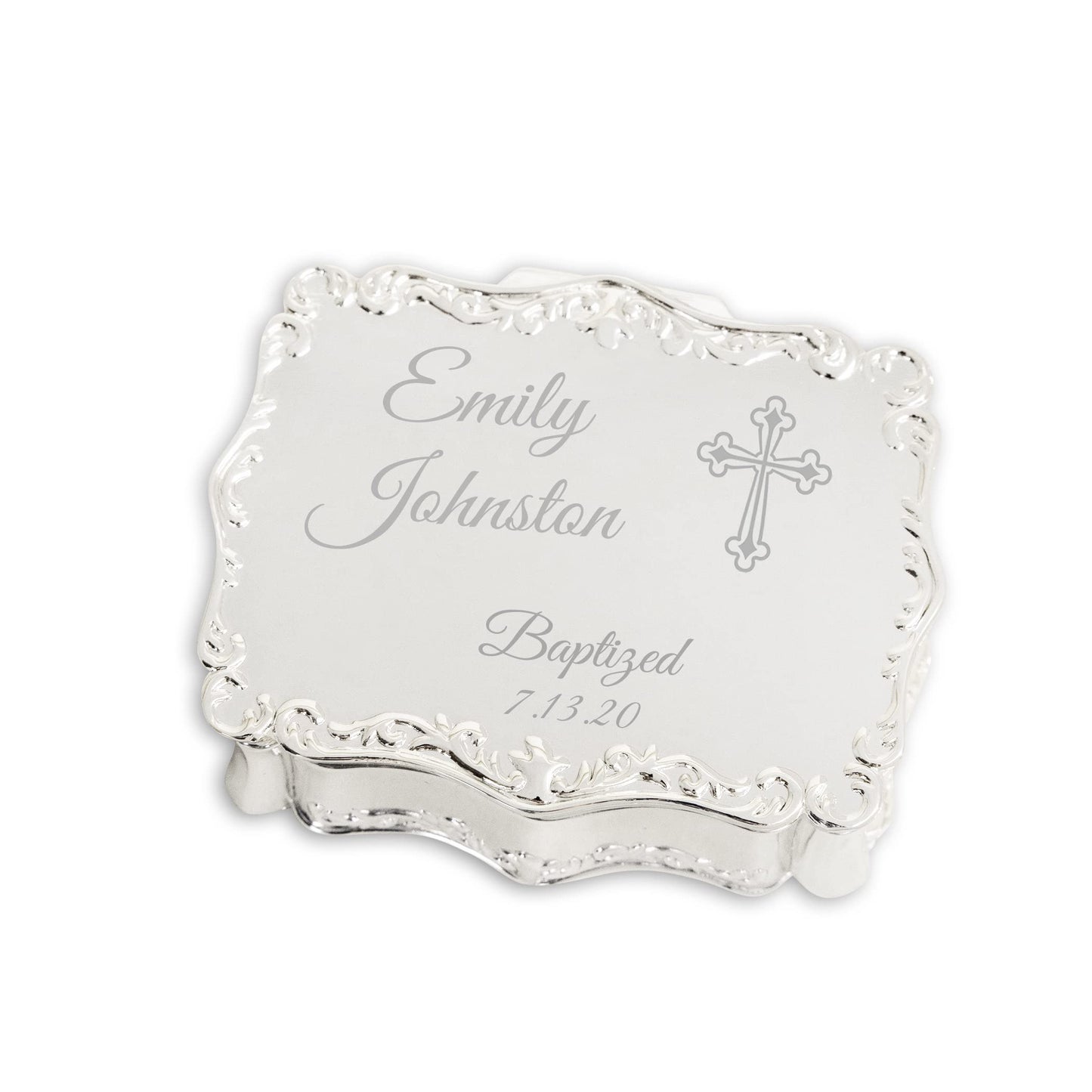 Cherished Moments Personalized Small Rectangle-Shaped Jewelry Keepsake Box with Custom Engraved Name or Initials, Silver Toned
