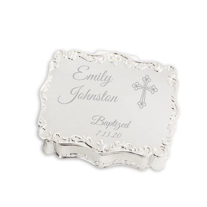 Cherished Moments Personalized Small Rectangle-Shaped Jewelry Keepsake Box with Custom Engraved Name or Initials, Silver Toned