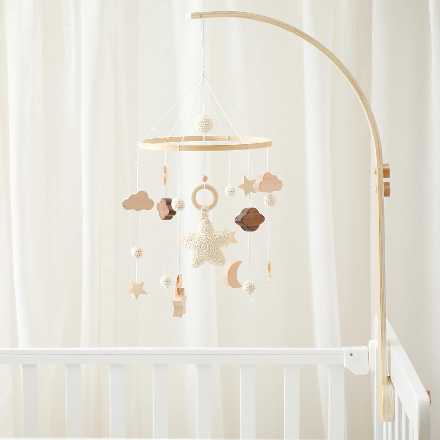 Baby Crib Mobile for Boys Girls| Boho Nursery Mobile| Gender Neutral Hand-Crocheted Mobile| Ceiling Mobile - Stars, Clouds, Moon