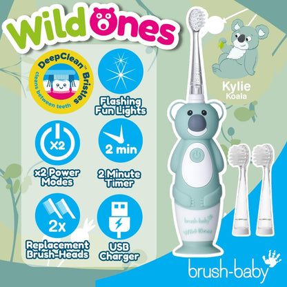 brush-baby WildOnes™ Rechargeable Kids Electric Toothbrush – Toby Tiger | Flashing Lights, 2-Min Timer, Waterproof, 3 Brush Heads | Toddler & Child Toothbrush Ages 0-10 | Soft Bristles
