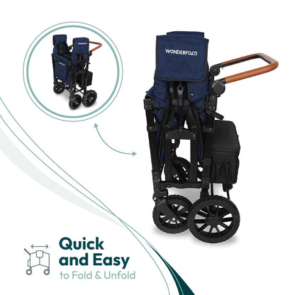 WONDERFOLD W4 Luxe Quad Stroller Wagon Featuring 4 High Face-to-Face Seats with Magnetic Buckle 5-Point Harnesses and Adjustable/Removable UV-Protection Canopy, Hunter Green
