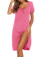 Ekouaer Women's Nightshirt Short Sleeve Button Down Nightgown V-Neck Sleepwear Pajama Dress