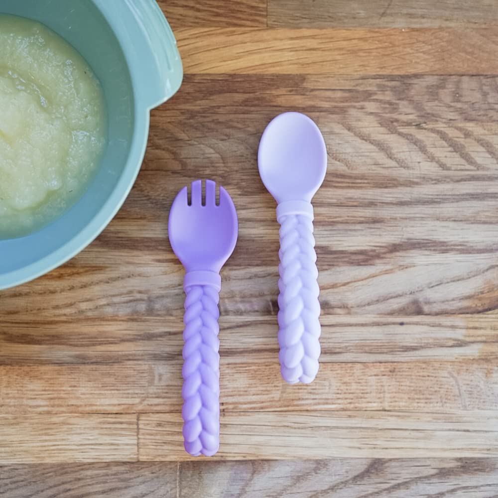 Itzy Ritzy Silicone Spoon & Fork Set; Baby Utensils Featuring a Baby Fork and Spoon with Looped, Braided Handles - Made of 100% Food Grade Silicone & BPA-Free - Ages 6 Months and Up (Pink)