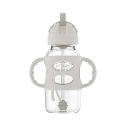 Dr. Brown's Milestones Wide-Neck Sippy Straw Bottle with 100% Silicone Handles and Weighted Straw, 9 oz/270 mL, Gray & Pink, 6m+, 2 Count (Pack of 1)