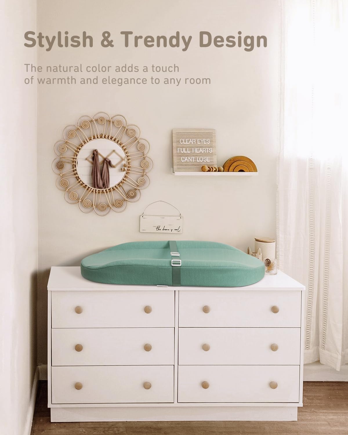 Blissful Diary Baby Changing Pad with Waterproof Lining Foam, Includes a Soft & Washable Cover, Contoured Changing Table Pads for Dresser Top with Non-Slip Bottom, 32”×16” (Grey, Avocado)