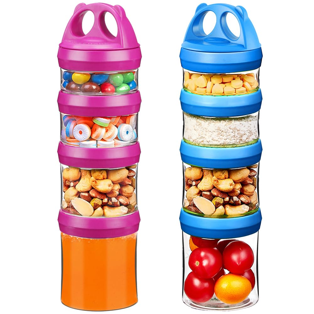 SELEWARE Portable Stackable Food Storage Containers for Snacks Formula Powder and Drinks Twist Lock System Airtight Leak-proof BPA and Phthalate Free 4 Piece Jars 31oz Blue
