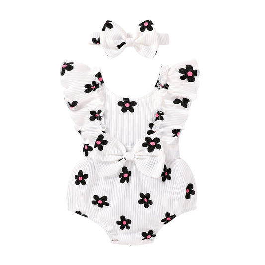 YOUNGER TREE Newborn Baby Girl Clothes Ruffle Sleeve Rompers Infant Backless Floral Jumpsuit Summer Outfits with Headband