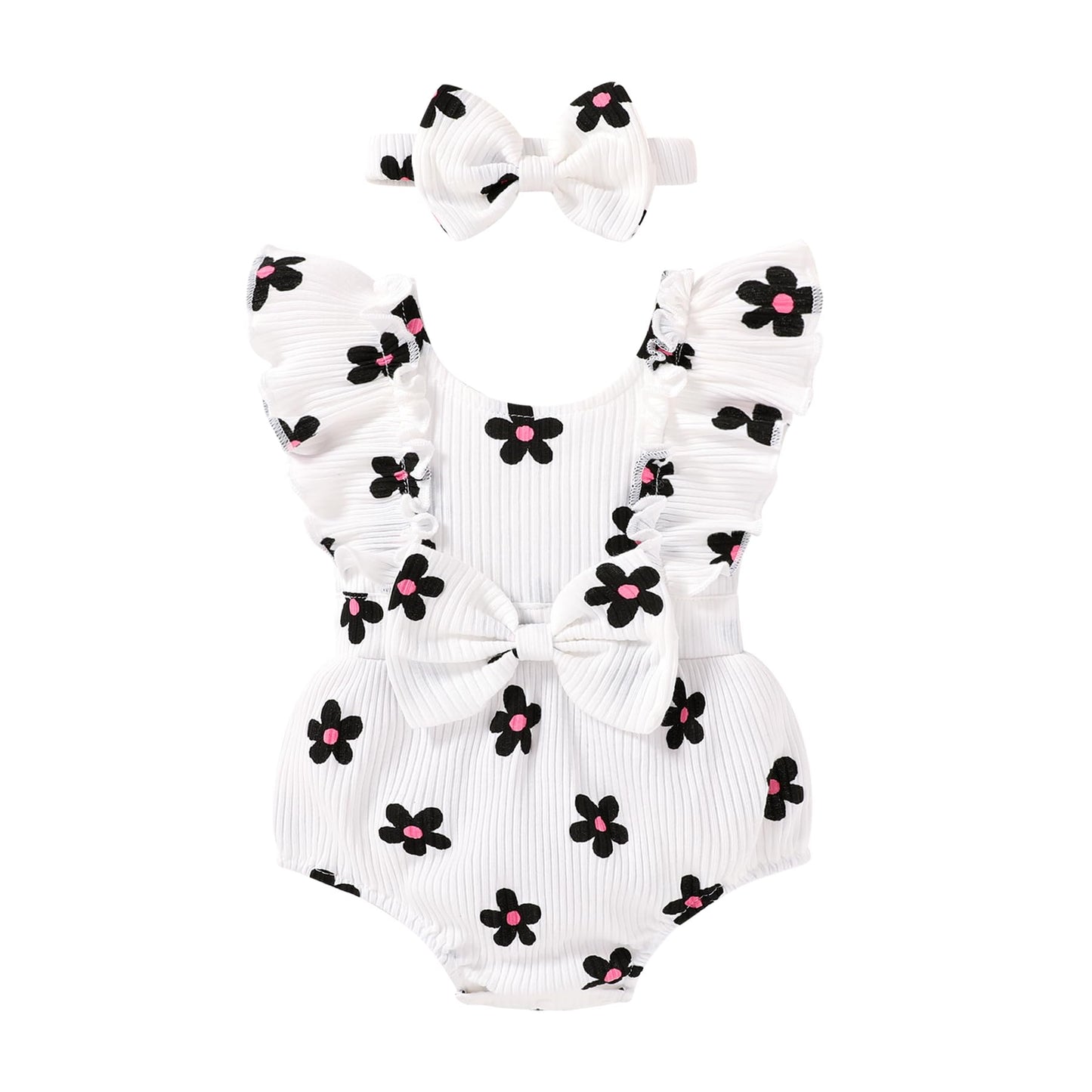 YOUNGER TREE Newborn Baby Girl Clothes Ruffle Sleeve Rompers Infant Backless Floral Jumpsuit Summer Outfits with Headband