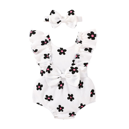 YOUNGER TREE Newborn Baby Girl Clothes Ruffle Sleeve Rompers Infant Backless Floral Jumpsuit Summer Outfits with Headband