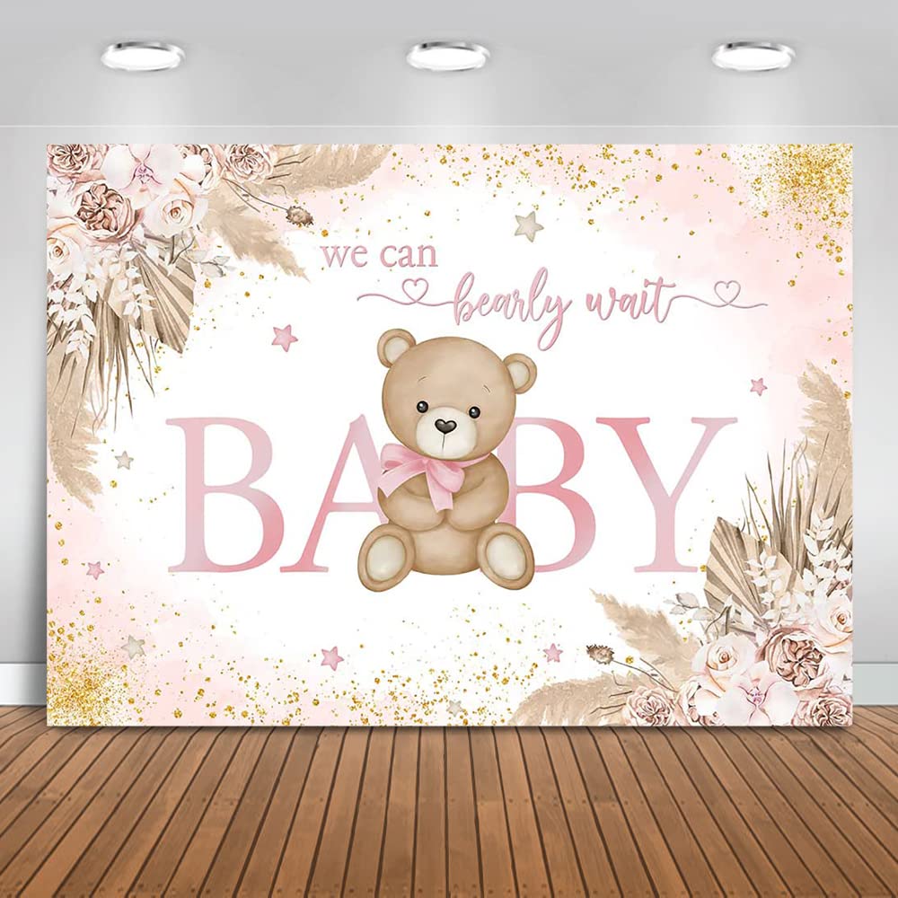 Mocsicka Girl Bear Backdrop Pink Boho Pampas Grass Background We Can Bearly Wait Baby Shower Party Cake Table Decoration Photo Booth Props (7x5ft)