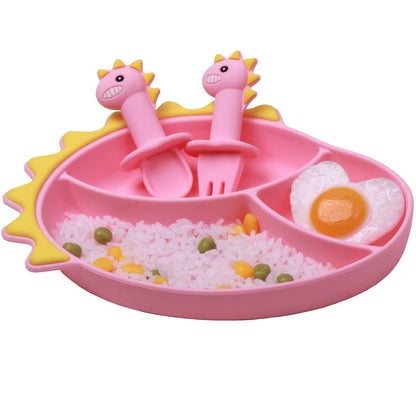 Silicone Suction Plates for Baby Toddler with Spoon Fork set Divided Dinosaurs Plates Self Feeding Training Baby Dinner Plate-Green Dinosaurs Plate Set