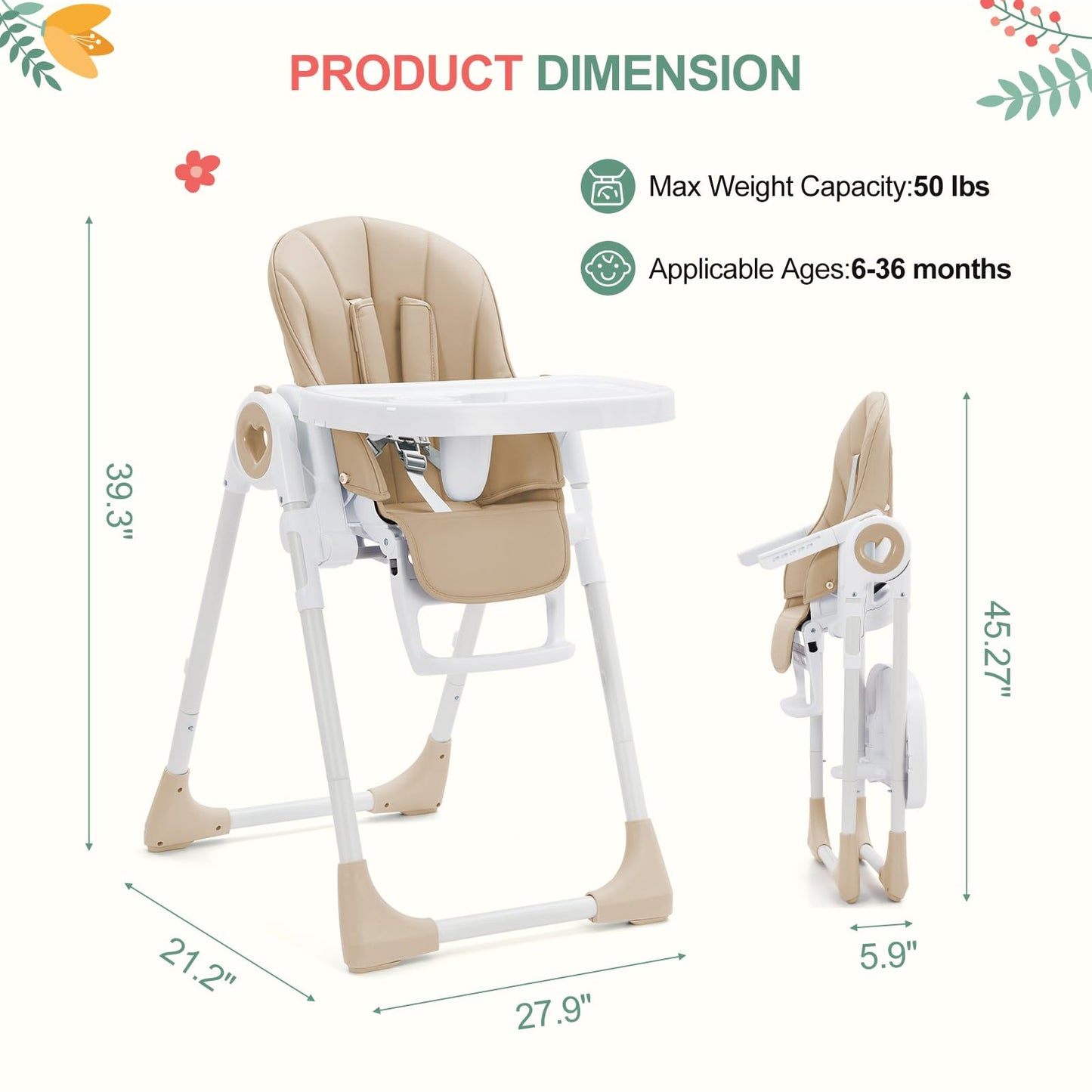 Foldable Baby High Chair with Adjustable Height, 5 Recline Positions & Removable Double Tray - Easy Clean, Space-Saving Infant Highchair for Toddlers, 5-Point Harness & Compact Design