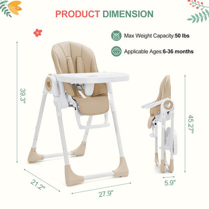 Foldable Baby High Chair with Adjustable Height, 5 Recline Positions & Removable Double Tray - Easy Clean, Space-Saving Infant Highchair for Toddlers, 5-Point Harness & Compact Design